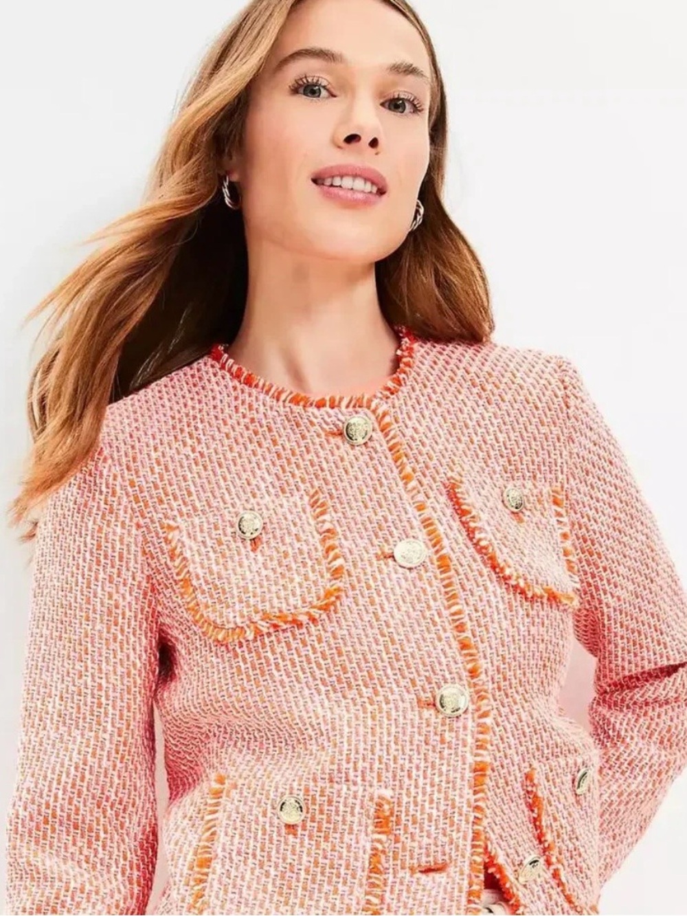 Ann Taylor LOFT Women’s Tweed Collarless Blazer Coral-Orange Size M